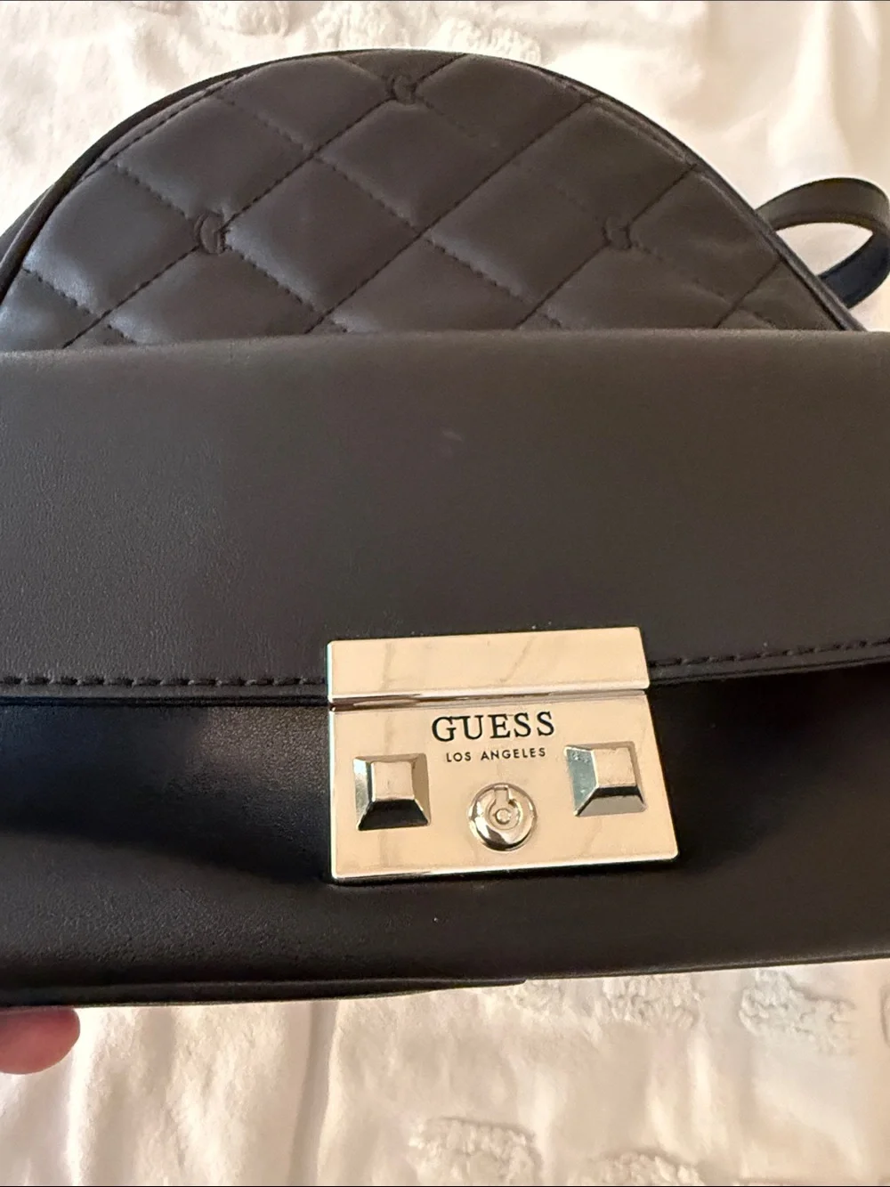 GUESS Black Quilted Mini Backpack with Silver-Tone Lock